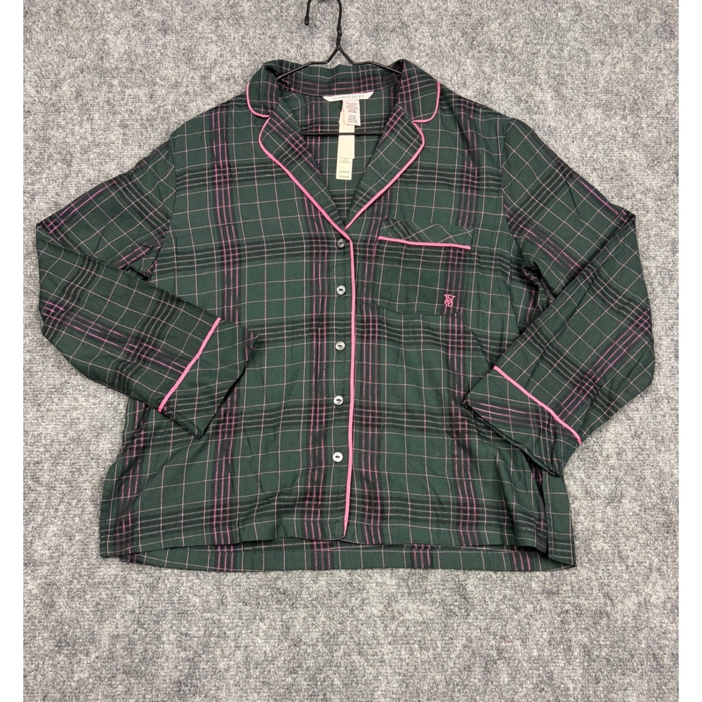 Victorias Secret Flannel Pajama Set Green Pink Plaid Shimmer Small Short NWT